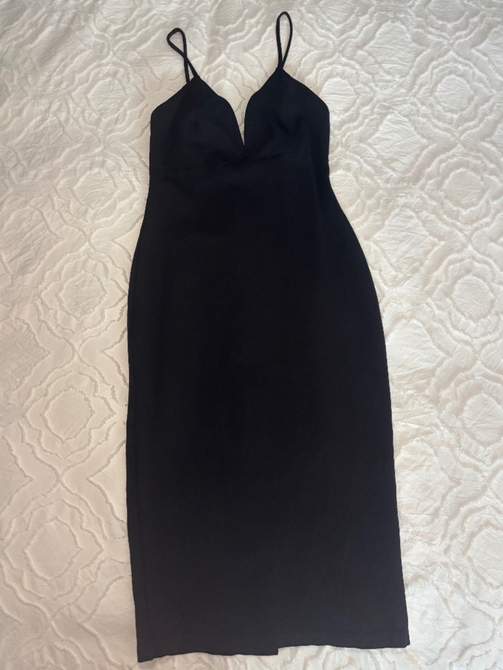 Hot Miami Styles Black Plunge Midi Dress | Bodycon Cocktail Dress | Little Black